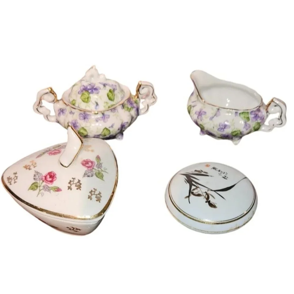 Vtg Trinket Lot Bavarian Trinket Box,‎ Chinese Stamp Ink, Latton Sugar & Creamer